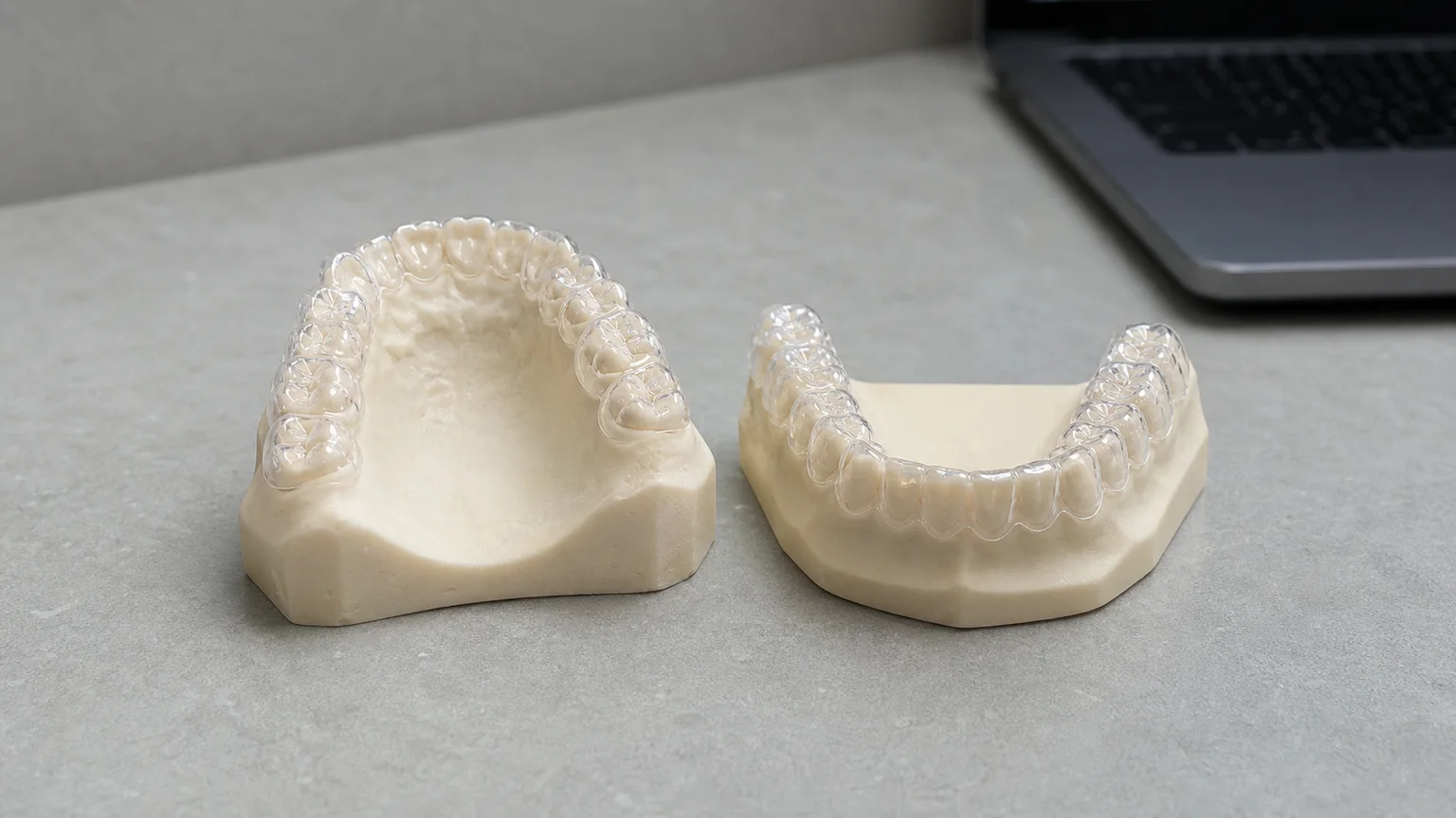 Upper and lower clear aligners seated on anatomically correct dental study models