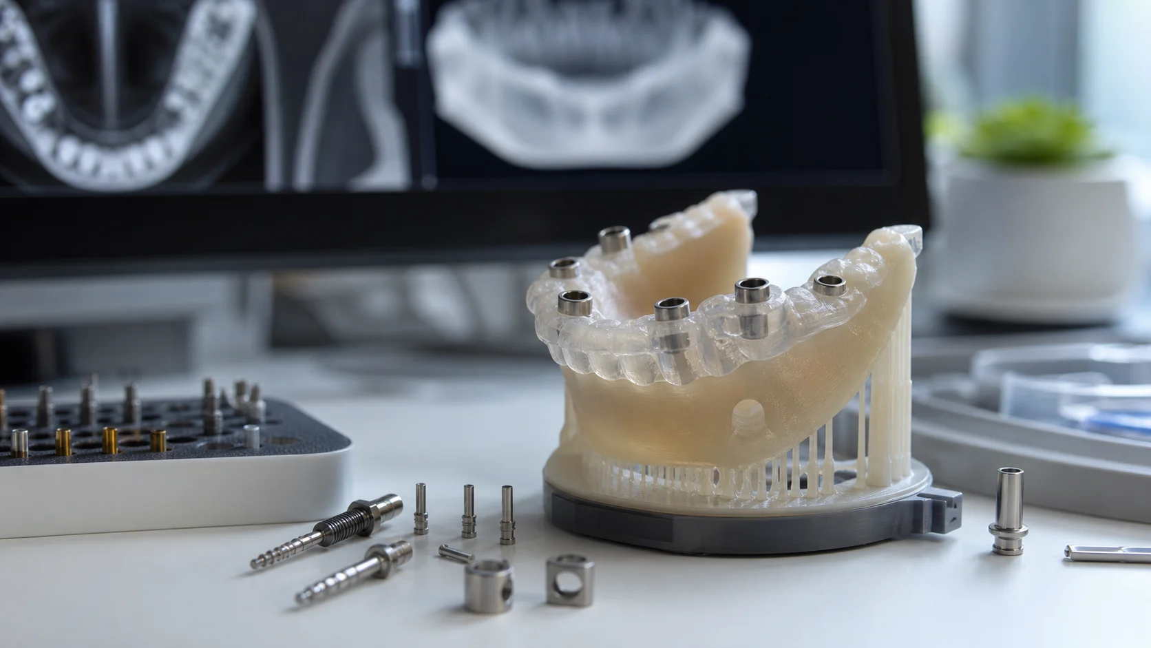 Printed jaw model and surgical guide components beside an implant planning workstation