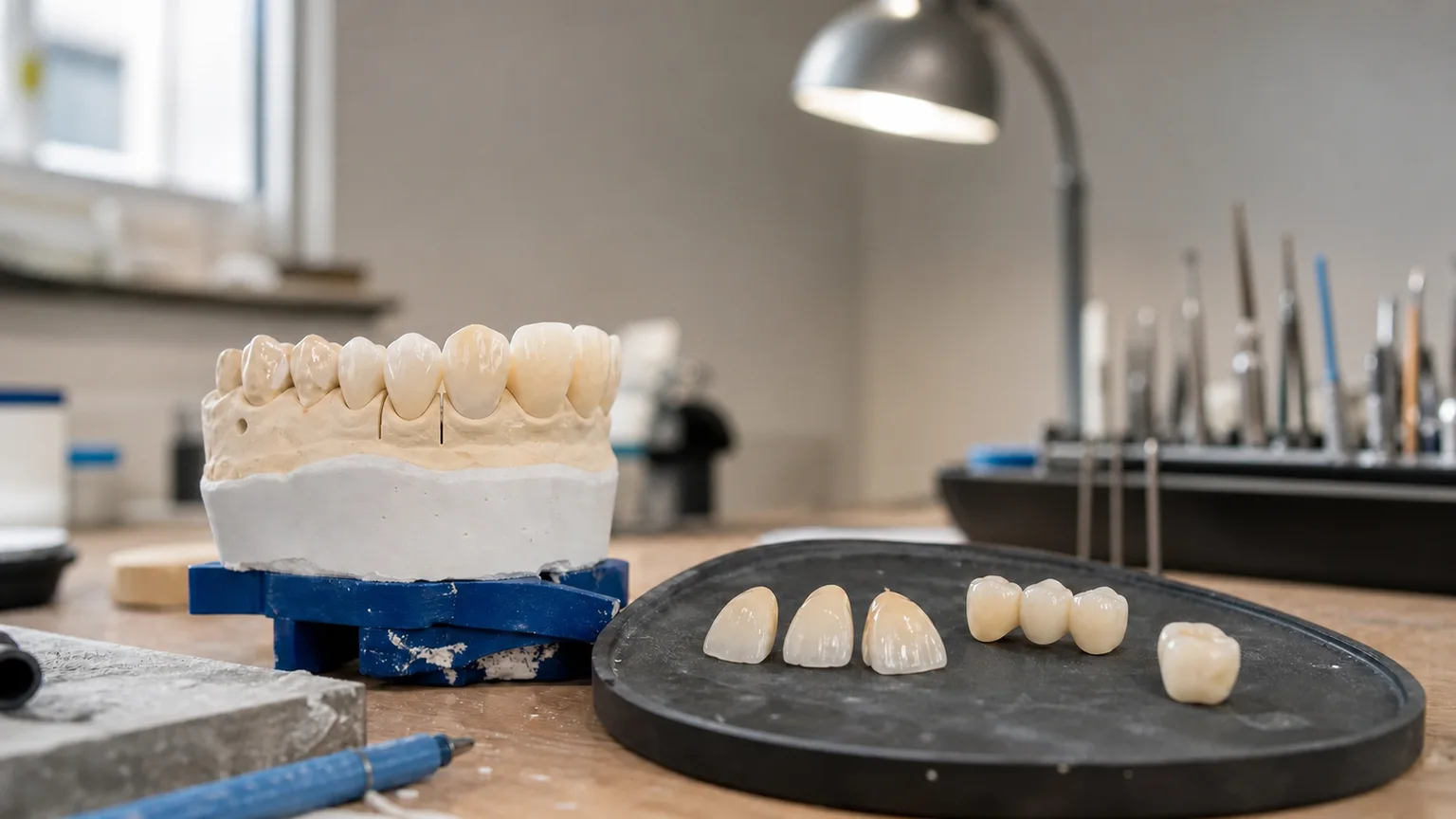 Ceramic veneer, crown and bridge work on dental models beside a CAD design workstation